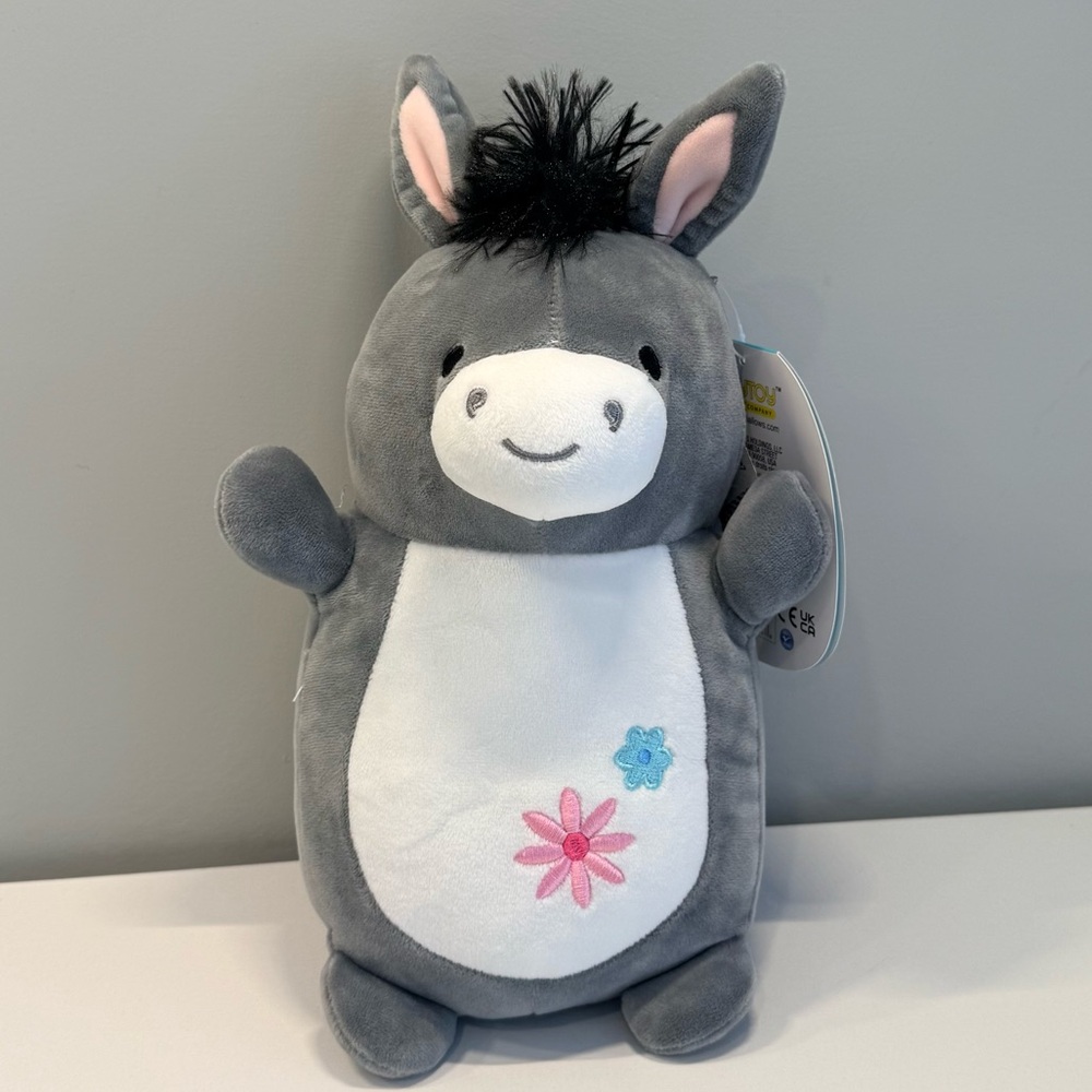 10” Jason Hug Mees Squishmallow Gray Donkey Plush Toy with Floral accent